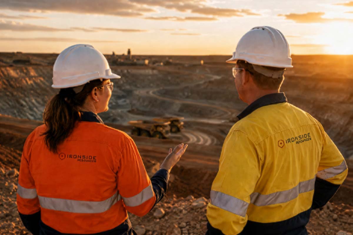 Ironside Resources team overlooking an Australian open-pit mine at sunset